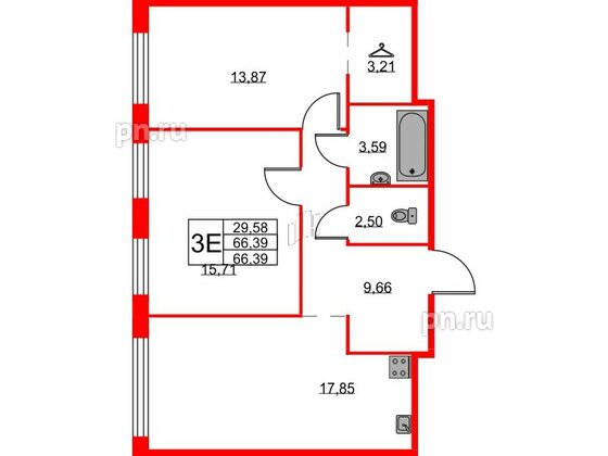 Квартира в ЖК ID Кудрово, 2 комнатная, 66.39 м², 1 этаж