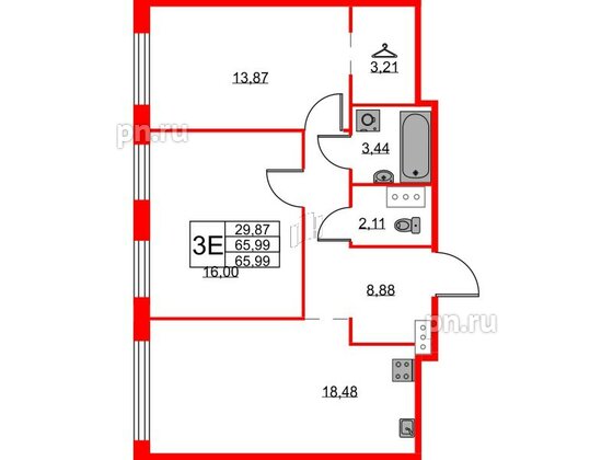 Квартира в ЖК ID Кудрово, 2 комнатная, 65.99 м², 2 этаж