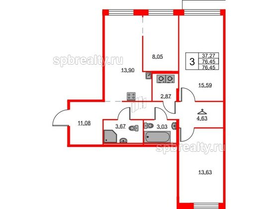 Квартира в ЖК ID Кудрово, 3 комнатная, 76.45 м², 2 этаж