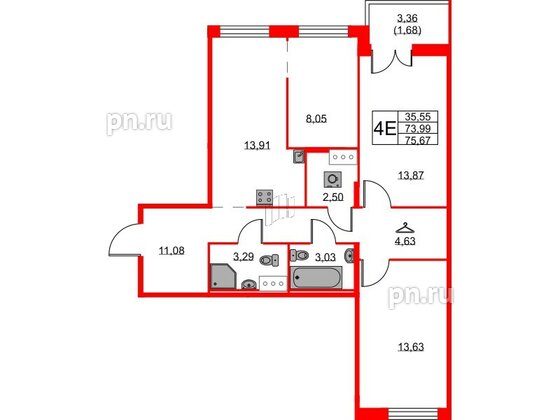 Квартира в ЖК ID Кудрово, 3 комнатная, 75.67 м², 3 этаж