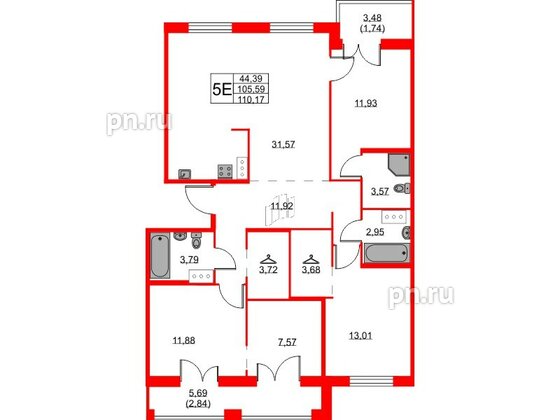 Квартира в ЖК ID Кудрово, 4 комнатная, 110.17 м², 11 этаж