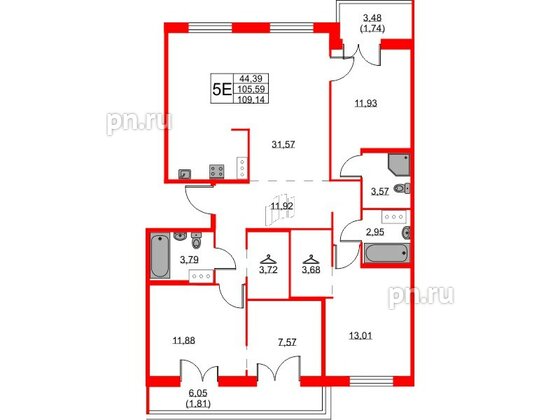 Квартира в ЖК ID Кудрово, 4 комнатная, 109.14 м², 12 этаж