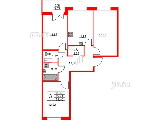 Квартира в ЖК ID Кудрово, 3 комнатная, 71.48 м², 10 этаж