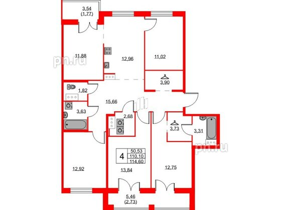 Квартира в ЖК ID Кудрово, 4 комнатная, 114.6 м², 11 этаж