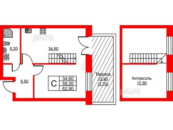 Квартира в ЖК NEWПИТЕР, 1 комнатная, 62.5 м², 1 этаж