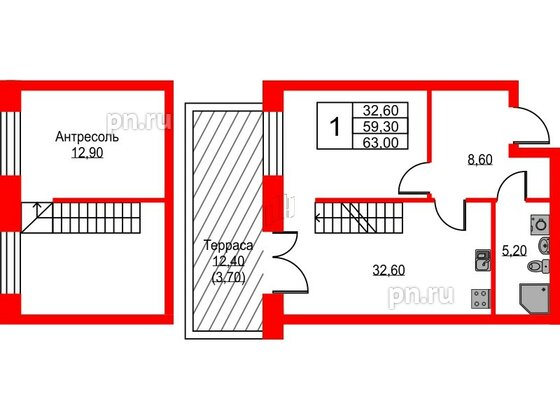 Квартира в ЖК NEWПИТЕР, 1 комнатная, 62 м², 1 этаж