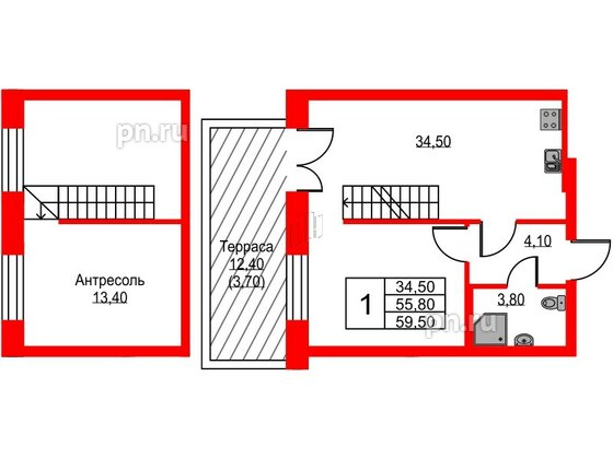 Квартира в ЖК NEWПИТЕР, 1 комнатная, 58.6 м², 1 этаж