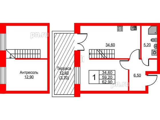 Квартира в ЖК NEWПИТЕР, 1 комнатная, 61.8 м², 1 этаж