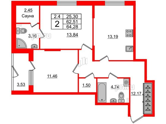 Квартира в ЖК «Парадный ансамбль», 2 комнатная, 60.4 м², 1 этаж