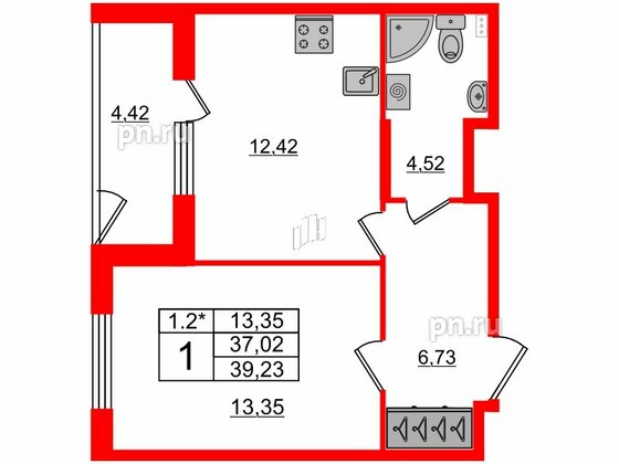 Квартира в ЖК 'Парадный ансамбль', 1 комнатная, 36.2 м², 1 этаж