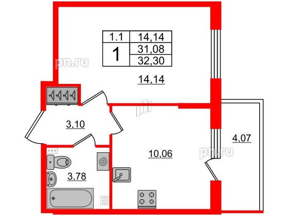 Квартира в ЖК 'Парадный ансамбль', 1 комнатная, 31.08 м², 2 этаж