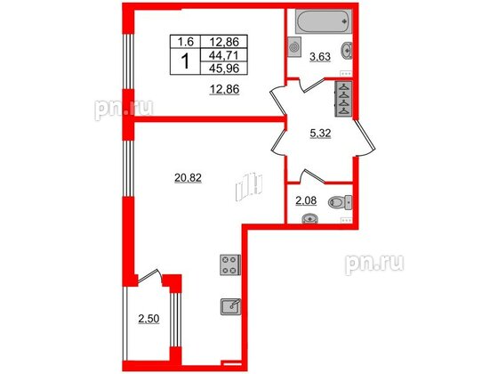 Квартира в ЖК 'Парадный ансамбль', 1 комнатная, 43.6 м², 2 этаж