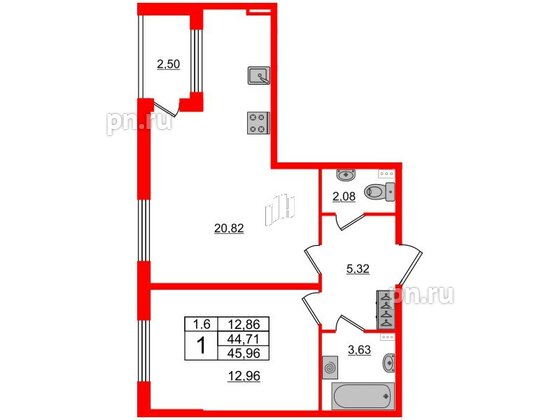 Квартира в ЖК 'Парадный ансамбль', 1 комнатная, 43.9 м², 2 этаж