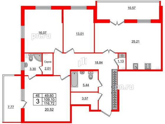 Квартира в ЖК 'Парадный ансамбль', 3 комнатная, 107.3 м², 3 этаж