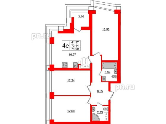 Квартира в ЖК Морская набережная.SeaView 2, 3 комнатная, 74.99 м², 16 этаж