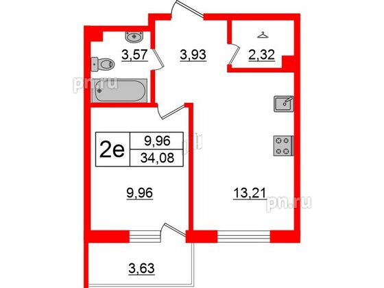 Квартира в ЖК ЛесArt, 1 комнатная, 34.08 м², 7 этаж