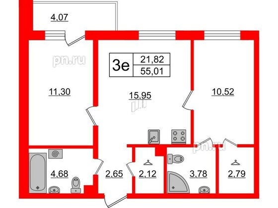 Квартира в ЖК ЛесArt, 2 комнатная, 55.01 м², 7 этаж