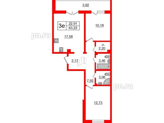 Квартира в ЖК ЛесArt, 2 комнатная, 63.22 м², 5 этаж