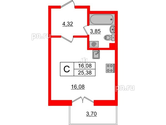 Квартира в ЖК ЛесArt, студия, 25.38 м², 6 этаж