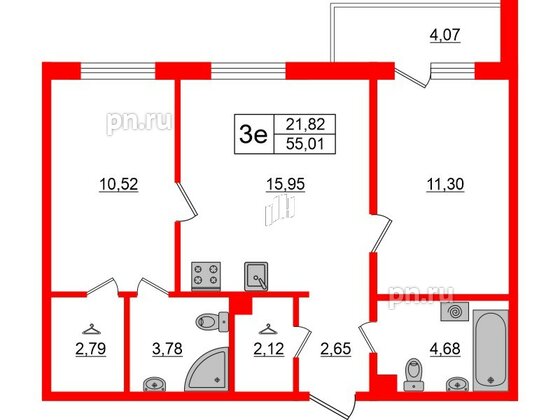 Квартира в ЖК ЛесArt, 2 комнатная, 55.01 м², 6 этаж