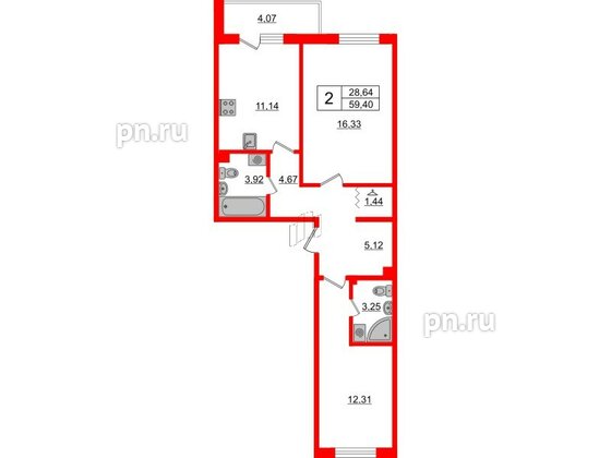 Квартира в ЖК ЛесArt, 2 комнатная, 59.4 м², 7 этаж