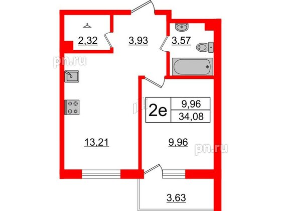 Квартира в ЖК ЛесArt, 1 комнатная, 34.08 м², 2 этаж