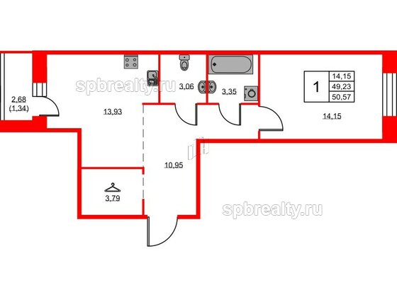 Квартира в ЖК ID Светлановский, 1 комнатная, 50.57 м², 2 этаж