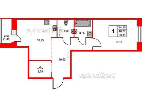 Квартира в ЖК ID Светлановский, 1 комнатная, 50.11 м², 3 этаж