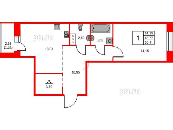 Квартира в ЖК ID Светлановский, 1 комнатная, 50.11 м², 4 этаж