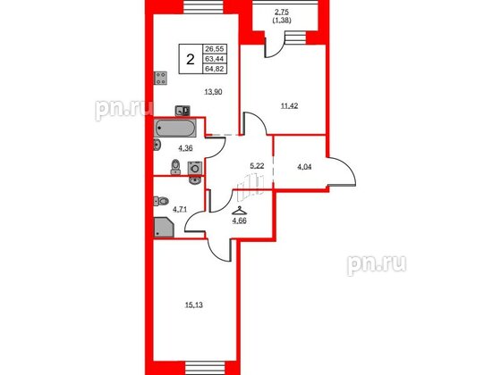 Квартира в ЖК ID Светлановский, 2 комнатная, 64.82 м², 2 этаж