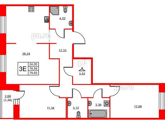 Квартира в ЖК ID Светлановский, 2 комнатная, 79.93 м², 2 этаж