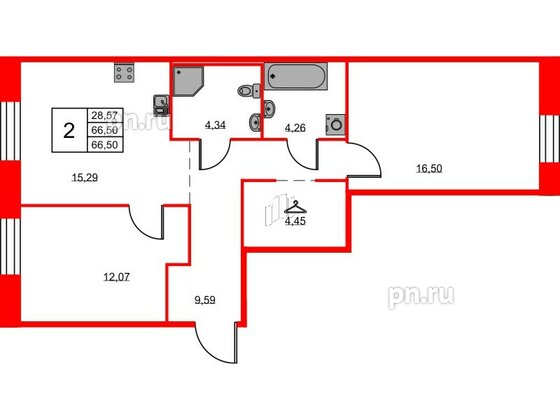 Квартира в ЖК ID Светлановский, 2 комнатная, 66.5 м², 2 этаж