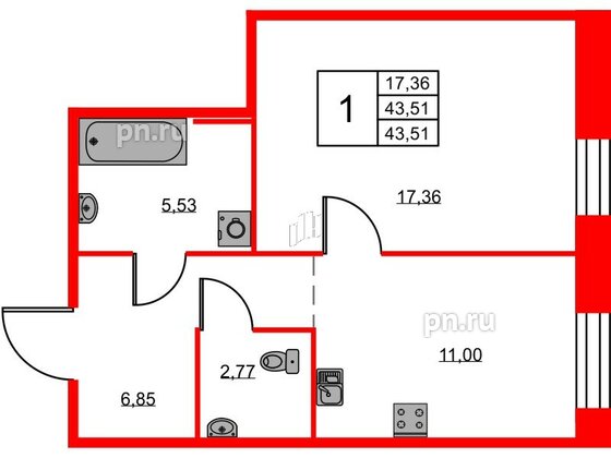 Квартира в ЖК ID Светлановский, 1 комнатная, 43.51 м², 2 этаж