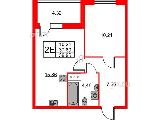 Квартира в ЖК Ново-Антропшино, 1 комнатная, 39.96 м², 2 этаж