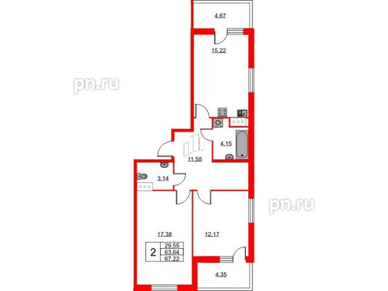 Квартира в ЖК Новоантропшино, 2 комнатная, 67.22 м², 8 этаж