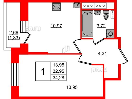 Квартира в ЖК Новое Колпино, 1 комнатная, 34.28 м², 11 этаж