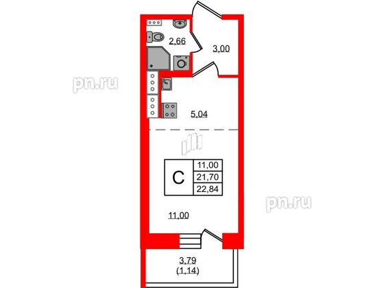 Квартира в ЖК Новое Колпино, студия, 22.84 м², 3 этаж