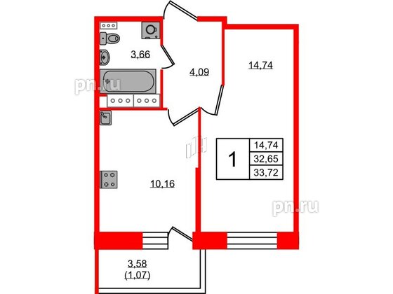 Квартира в ЖК Новое Колпино, 1 комнатная, 33.72 м², 3 этаж