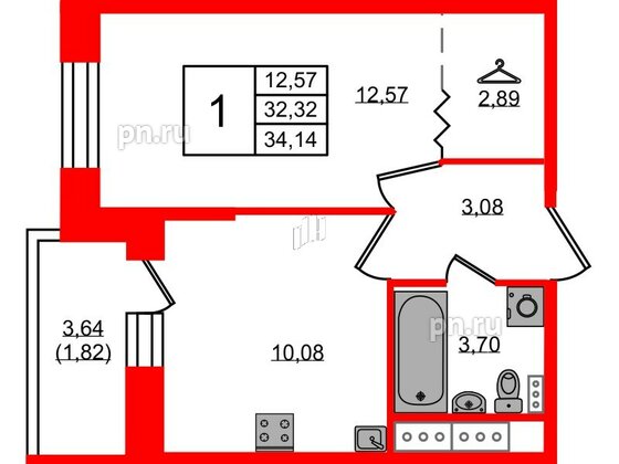 Квартира в ЖК Новое Колпино, 1 комнатная, 34.14 м², 5 этаж