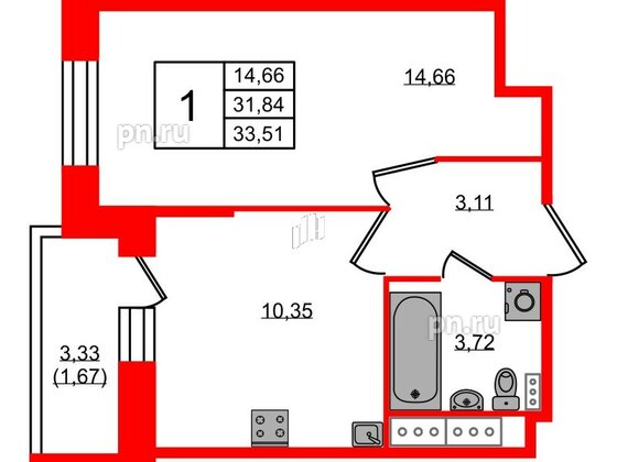 Квартира в ЖК Новое Колпино, 1 комнатная, 33.51 м², 6 этаж