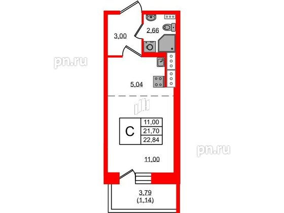 Квартира в ЖК Новое Колпино, студия, 22.84 м², 3 этаж