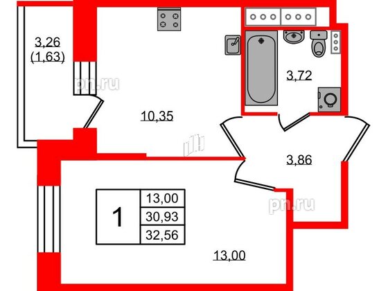 Квартира в ЖК Новое Колпино, 1 комнатная, 32.56 м², 6 этаж