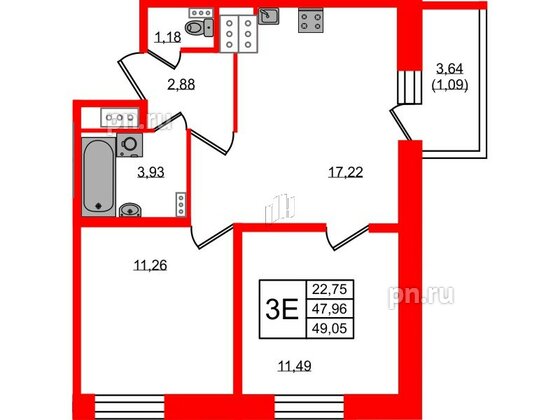 Квартира в ЖК Новое Колпино, 2 комнатная, 49.05 м², 9 этаж