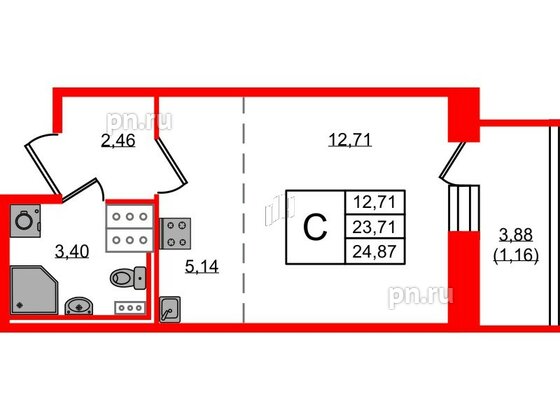 Квартира в ЖК Новое Колпино, студия, 24.87 м², 3 этаж