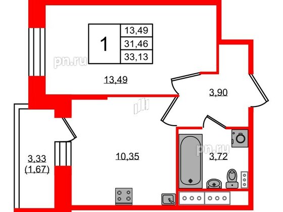 Квартира в ЖК Новое Колпино, 1 комнатная, 33.13 м², 3 этаж