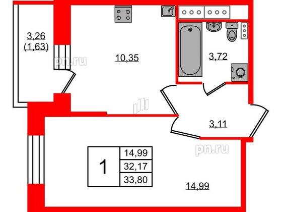 Квартира в ЖК Новое Колпино, 1 комнатная, 33.8 м², 3 этаж