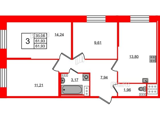 Квартира в ЖК Новое Колпино, 3 комнатная, 62.18 м², 2 этаж