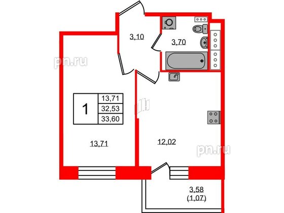 Квартира в ЖК Новое Колпино, 1 комнатная, 33.6 м², 9 этаж