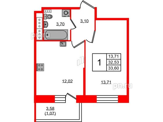 Квартира в ЖК Новое Колпино, 1 комнатная, 33.6 м², 3 этаж