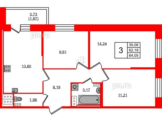 Квартира в ЖК Новое Колпино, 3 комнатная, 64.05 м², 3 этаж